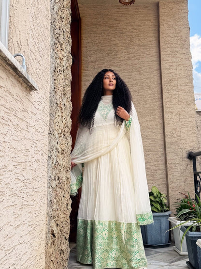 Sage Mint Green Lattice High Neck Eritrean Dress Long Sleeve Traditional Ethiopian Dress Timeless Habesha Kemis 1086
