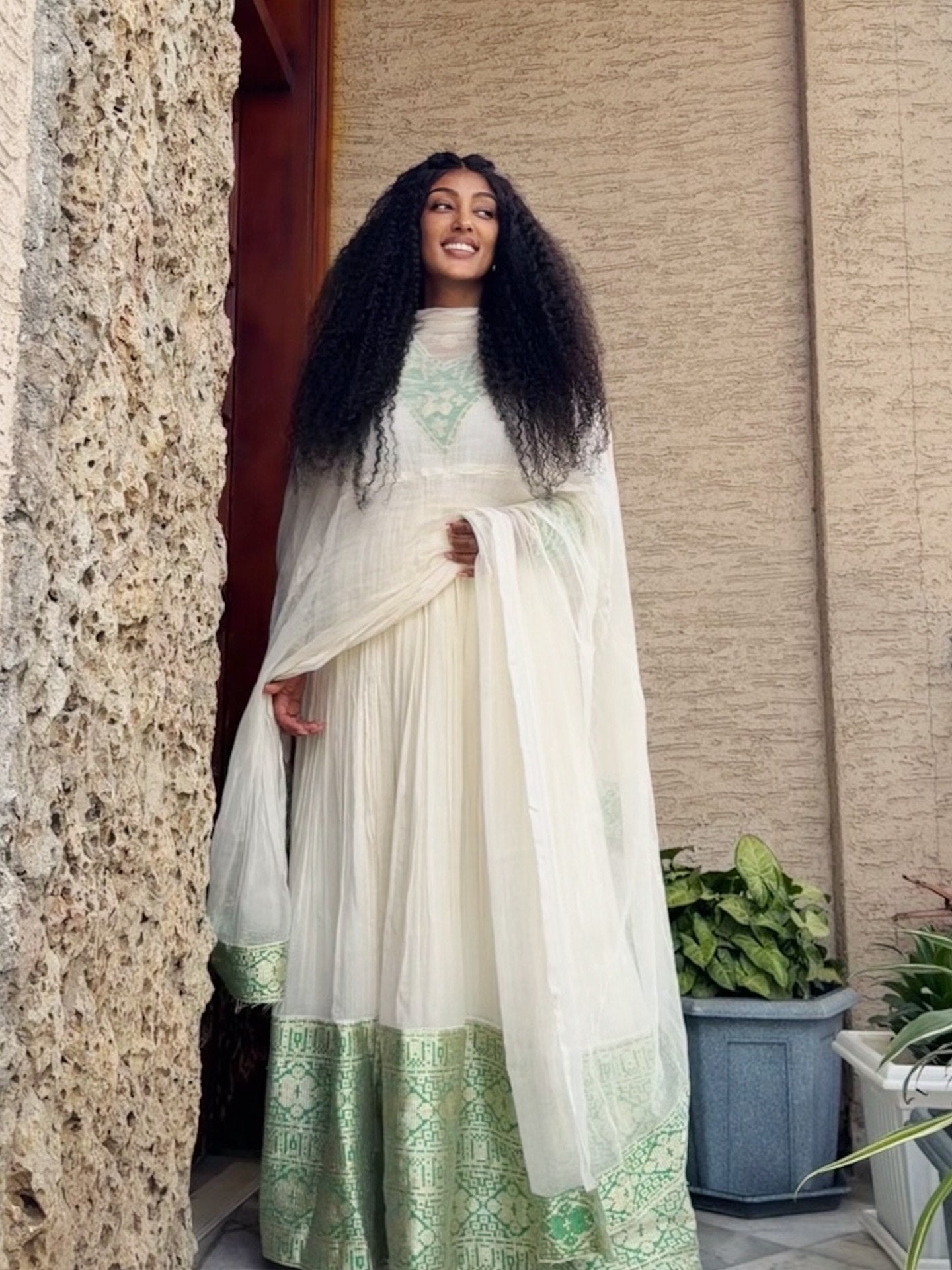 Sage Mint Green Lattice High Neck Eritrean Dress Long Sleeve Traditional Ethiopian Dress Timeless Habesha Kemis 1086