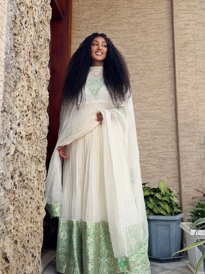Sage Mint Green Lattice High Neck Eritrean Dress Long Sleeve Traditional Ethiopian Dress Timeless Habesha Kemis 1086