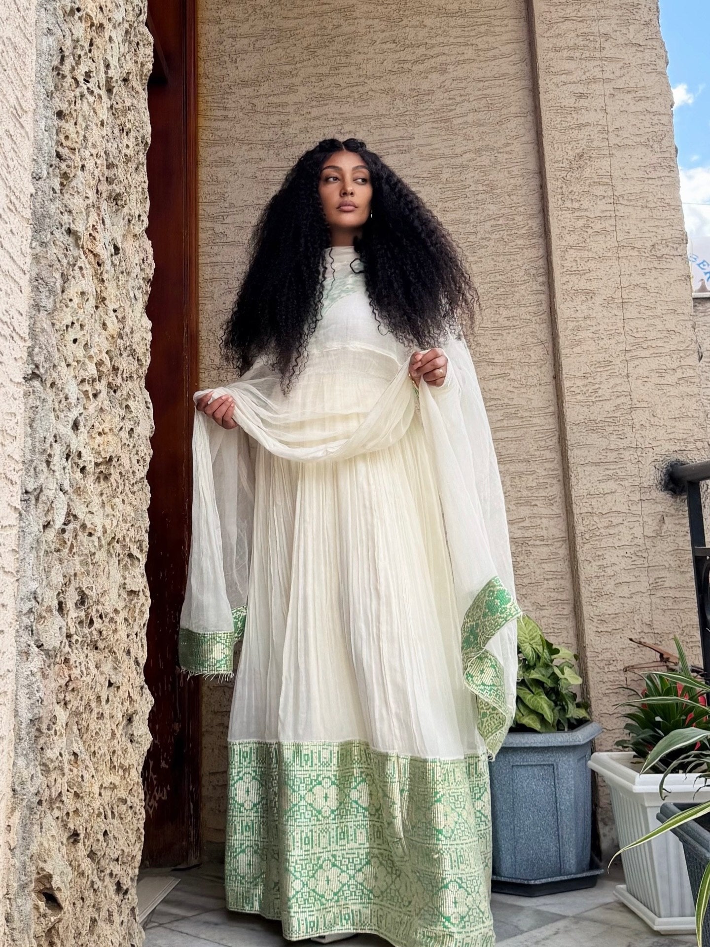 Sage Mint Green Lattice High Neck Eritrean Dress Long Sleeve Traditional Ethiopian Dress Timeless Habesha Kemis 1086