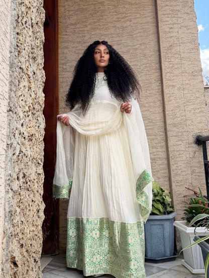 Sage Mint Green Lattice High Neck Eritrean Dress Long Sleeve Traditional Ethiopian Dress Timeless Habesha Kemis 1086