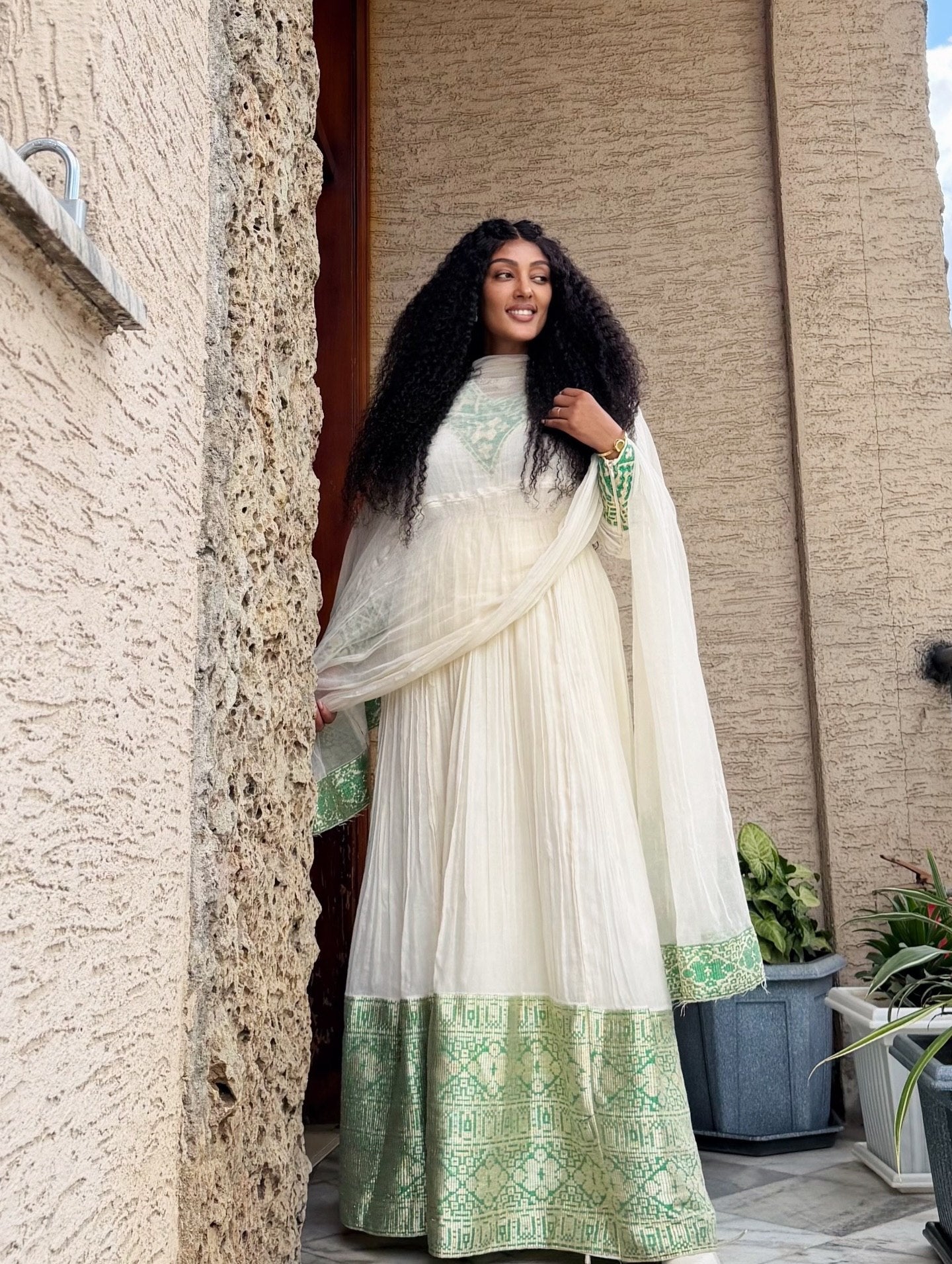 Sage Green Geometric Habesha Kemis Online Artisanal Traditional Ethiopian Clothing