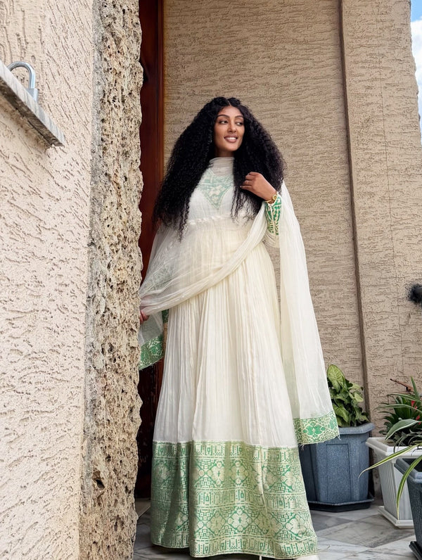 Sage Green Geometric Habesha Kemis Online Artisanal Traditional Ethiopian Clothing