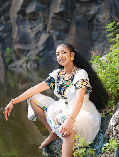 Onyx Vibrant Geometry Habesha Kemis Online Handloomed Traditional Ethiopian Clothing Stylish Habesha Dress 1088