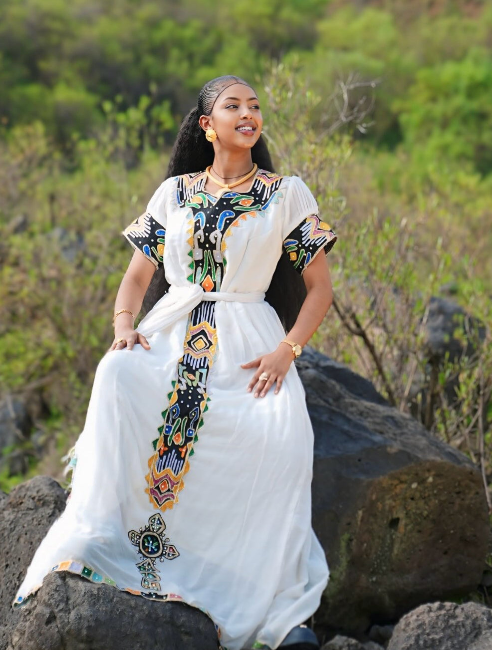 Obsidian Mosaic Tied Belt Eritrean Dress Short Sleeve Traditional Ethiopian Dress