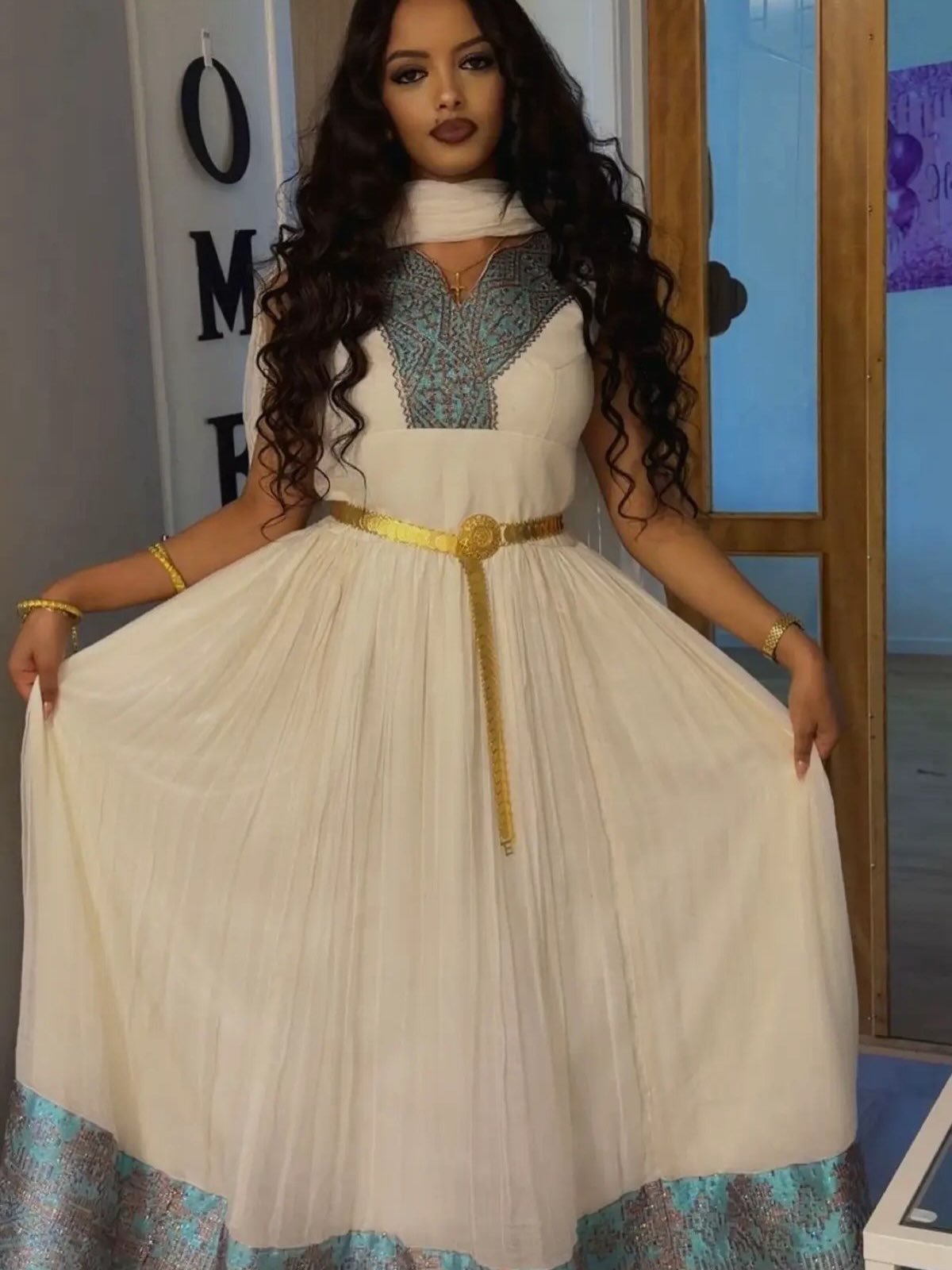 Habesha Kemis with Turquoise Embroidered Borders, Golden Waist Detail Graceful Ethiopian Dress 1090