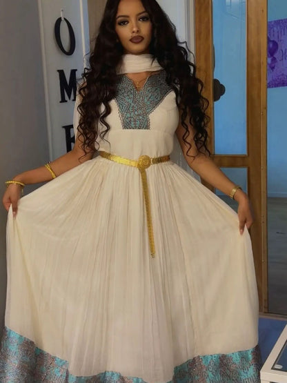 Habesha Kemis with Turquoise Embroidered Borders, Golden Waist Detail Graceful Ethiopian Dress 1090