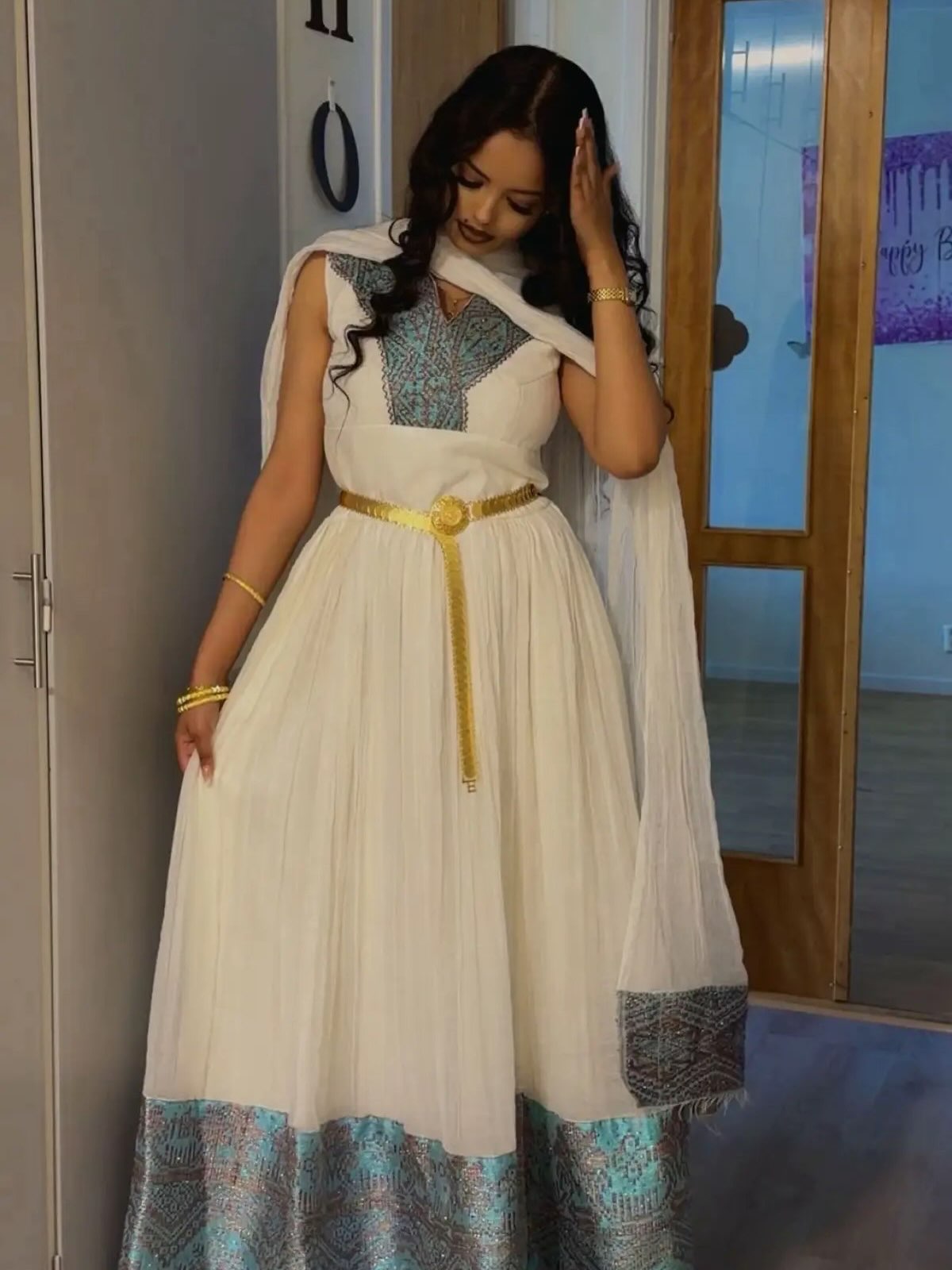 Ivory Habesha Kemis with Turquoise Embroidery Traditional Ethiopian Clothing