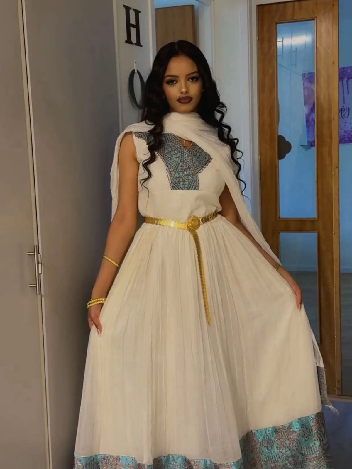 Habesha Kemis with Turquoise Embroidered Borders, Golden Waist Detail Graceful Ethiopian Dress 1090
