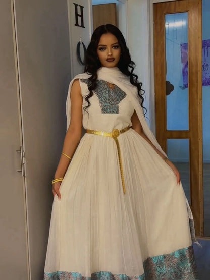 Habesha Kemis with Turquoise Embroidered Borders, Golden Waist Detail Graceful Ethiopian Dress 1090