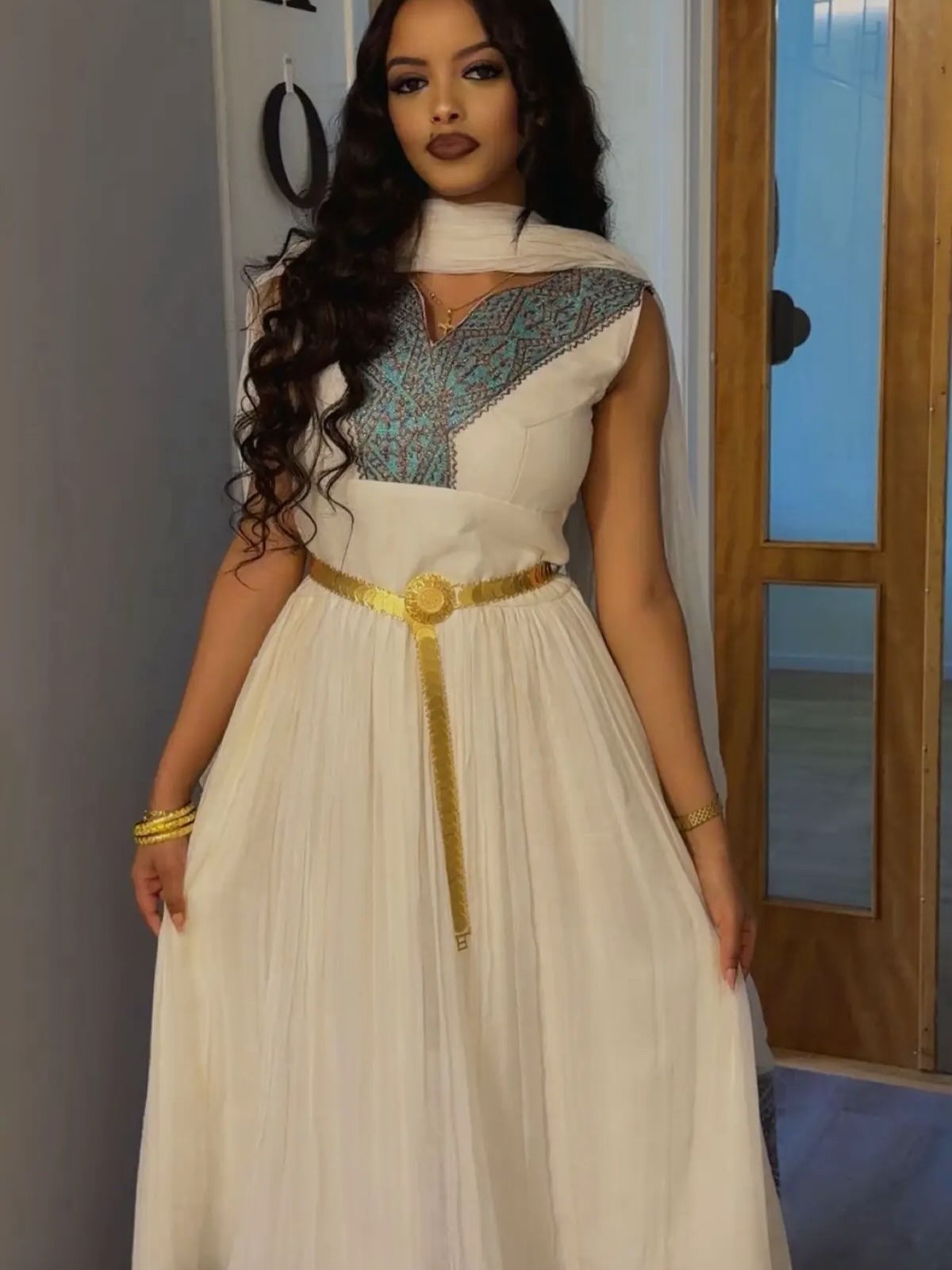 Habesha Kemis with Turquoise Embroidered Borders, Golden Waist Detail Graceful Ethiopian Dress 1090