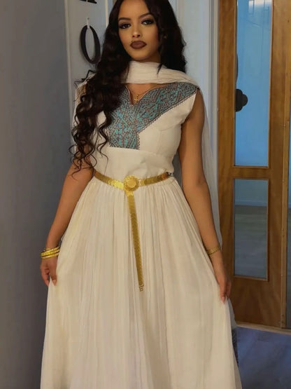 Habesha Kemis with Turquoise Embroidered Borders, Golden Waist Detail Graceful Ethiopian Dress 1090
