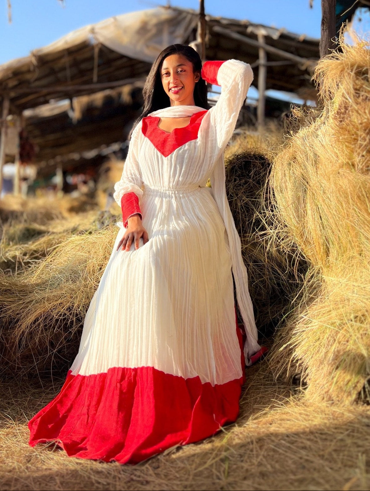 Ivory & Red Habesha Kemis Traditional Ethiopian Dress with Cultural Detail
