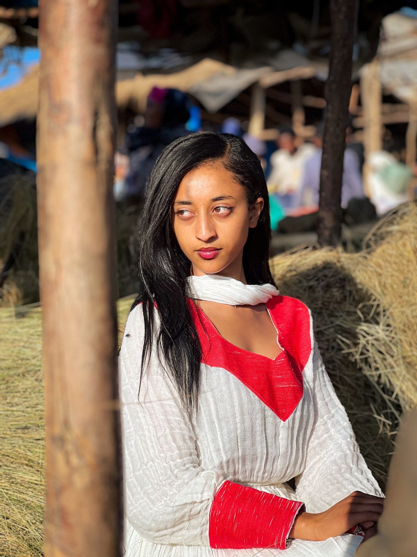 Elegant Ivory and Crimson Habesha Kemis Flowing Pleats, Bold Traditional Accents, and Timeless Ethiopian Dress 1089