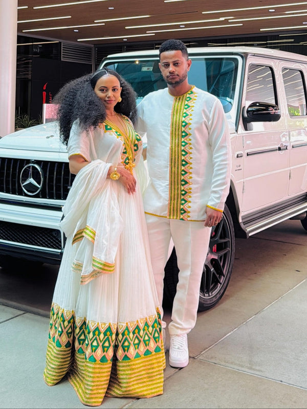 Emerald Gold Diamond Habesha Couples Attire Matching Ethiopian Wedding Sets