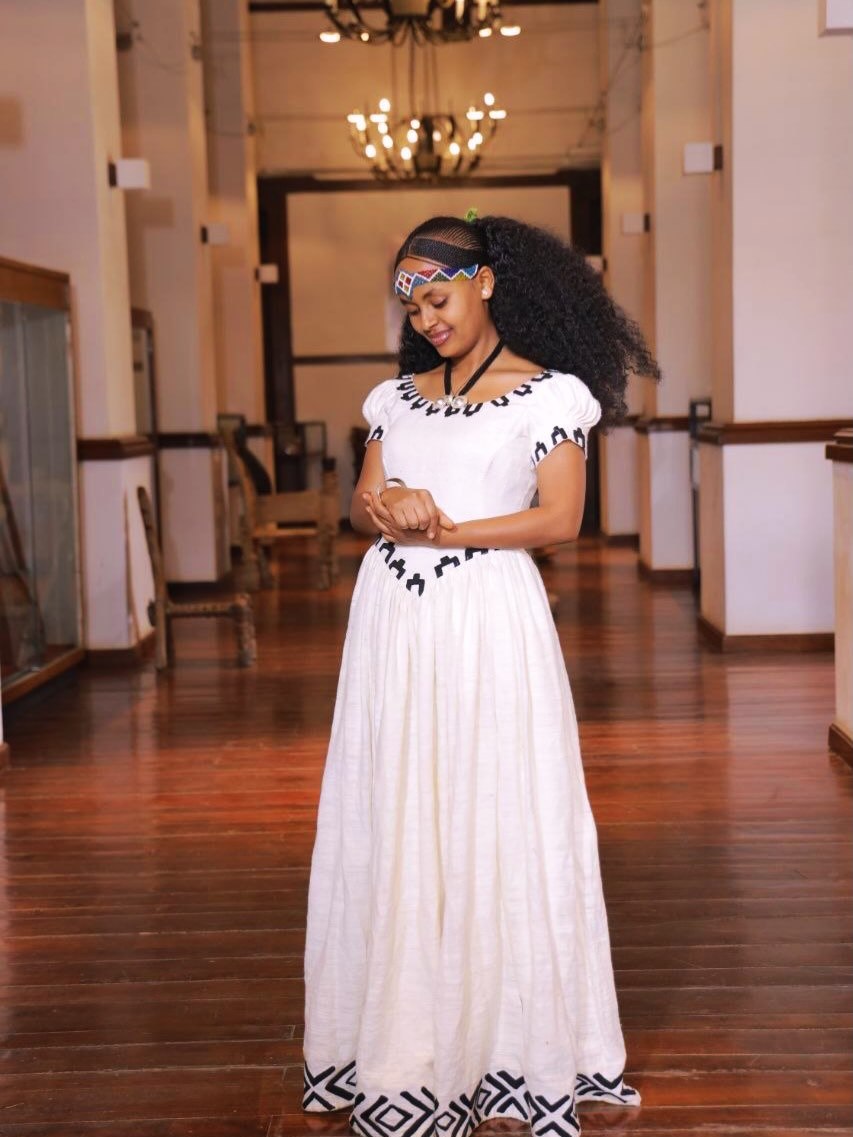 Monochrome Black Embroidery Habesha Kemis Online Classic Traditional Ethiopian Clothing 1084