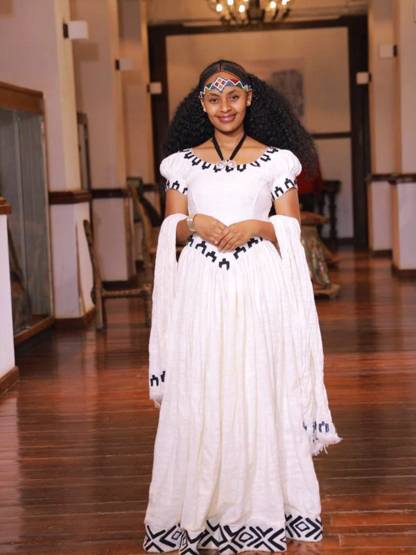 Minimalist Black Geometric Motif Eritrean Dress Short Sleeve Traditional Ethiopian Dress