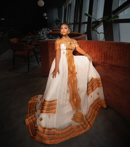 Royal Metallic Gold Ornate Medallion Habesha Kemis Off-Shoulder Ethiopian Wedding Dress 1091