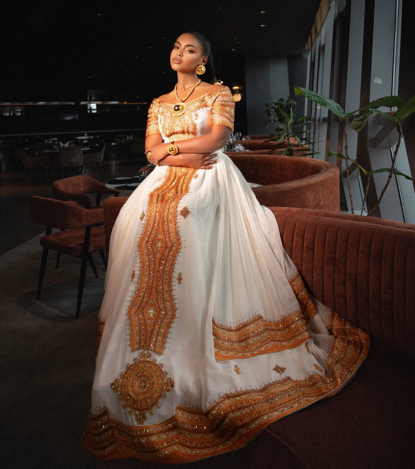 Royal Metallic Gold Ornate Medallion Habesha Kemis Off-Shoulder Ethiopian Wedding Dress 1091