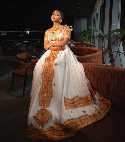 Royal Metallic Gold Ornate Medallion Habesha Kemis Off-Shoulder Ethiopian Wedding Dress 1091