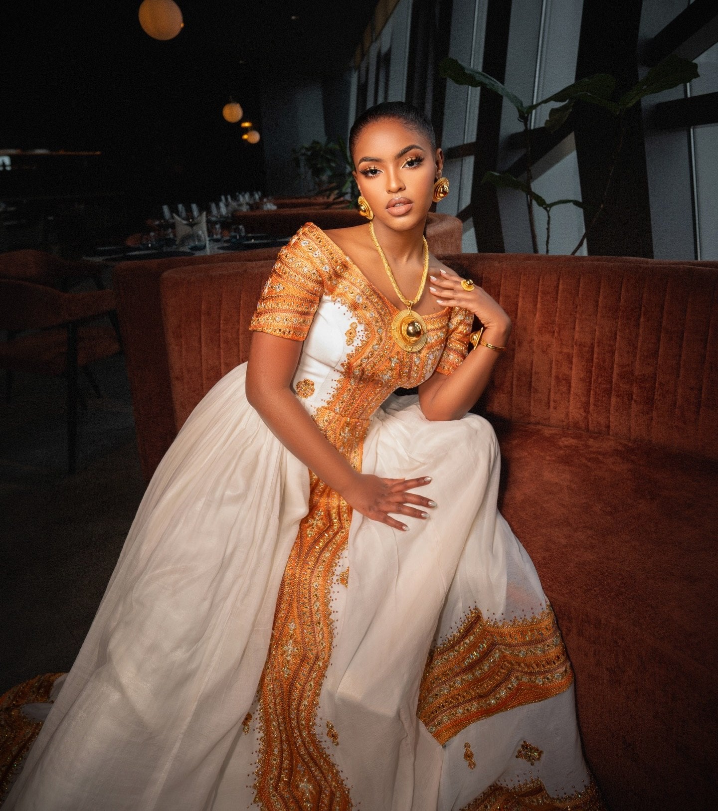 Royal Metallic Gold Ornate Medallion Habesha Kemis Off-Shoulder Ethiopian Wedding Dress 1091
