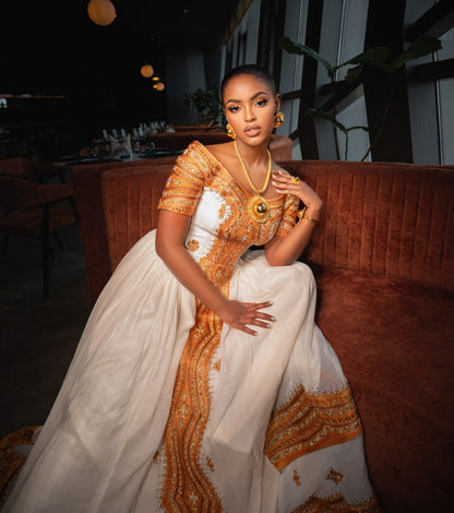 Royal Metallic Gold Ornate Medallion Habesha Kemis Off-Shoulder Ethiopian Wedding Dress 1091