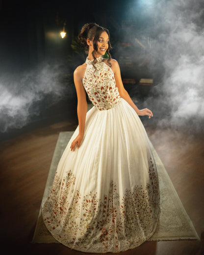 Crimson Gold Vine Halter Neck Ethiopian Wedding Dress Sleeveless Ballgown Habesha Kemis For Wedding 1092