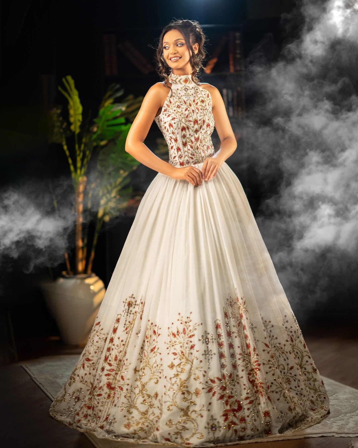 Crimson Gold Vine Halter Neck Ethiopian Wedding Dress Sleeveless Ballgown