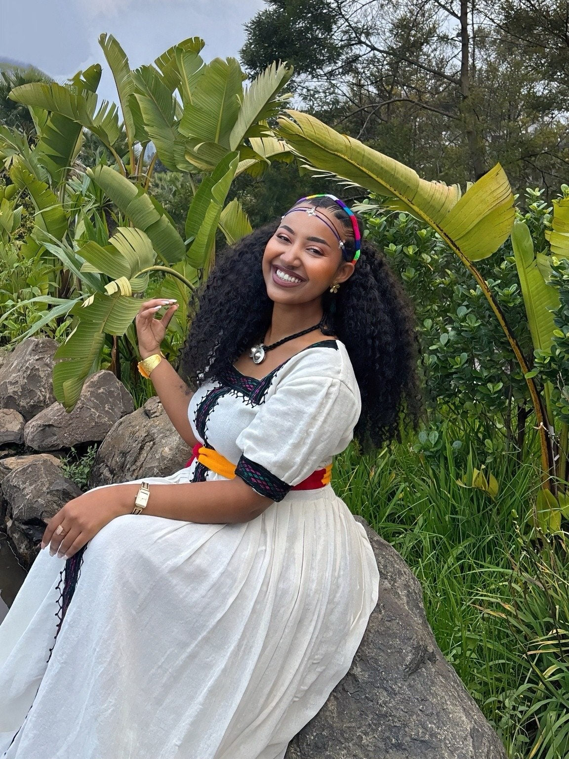Red and Yellow Belted Ethiopian Traditional Dress Short Sleeve Habesha dress For Ashenda 1093