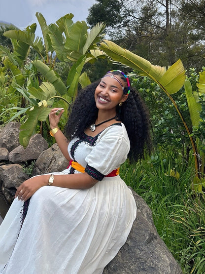 Red and Yellow Belted Ethiopian Traditional Dress Short Sleeve Habesha dress For Ashenda 1093