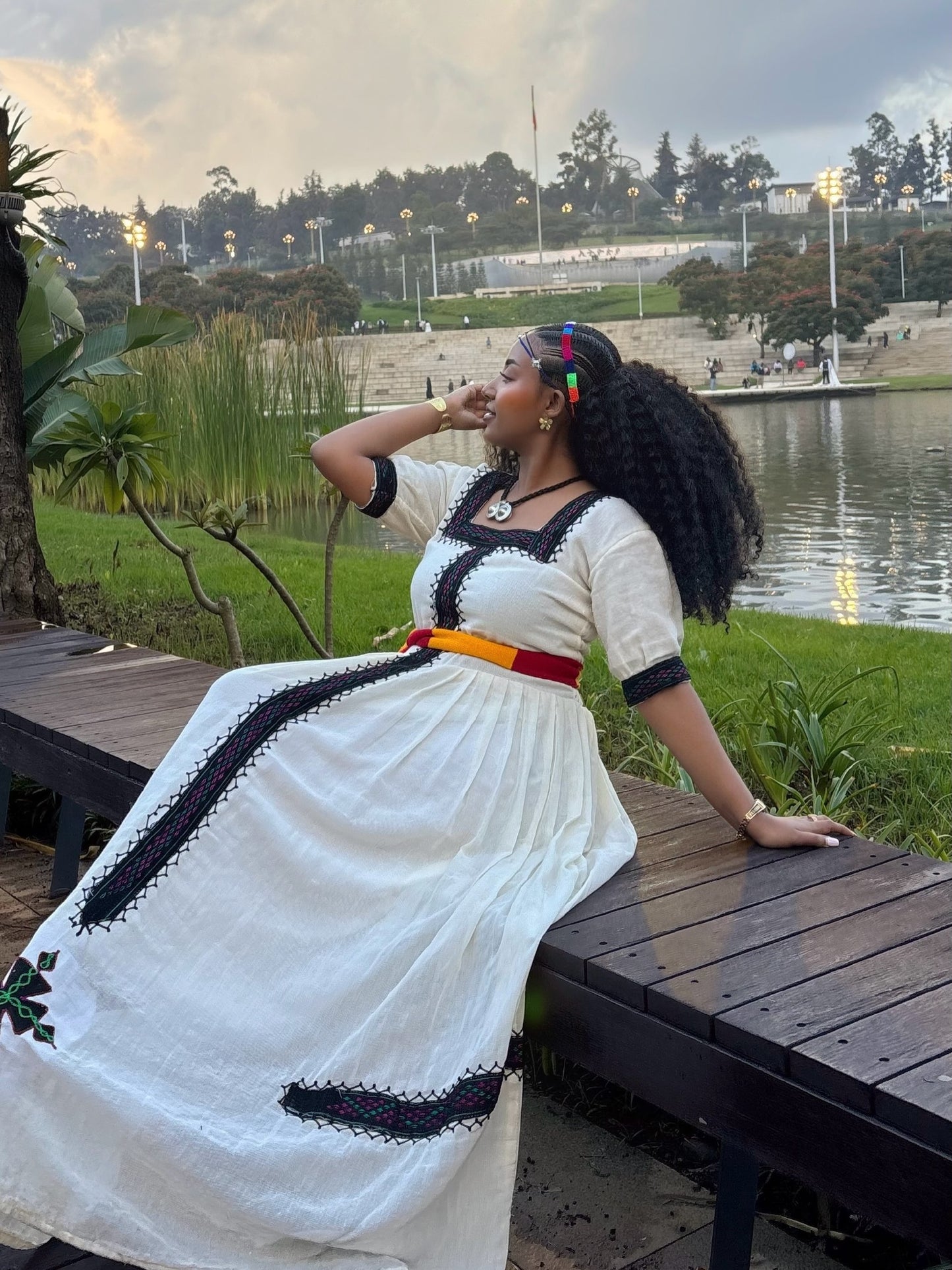 Red and Yellow Belted Ethiopian Traditional Dress Short Sleeve Habesha dress For Ashenda 1093