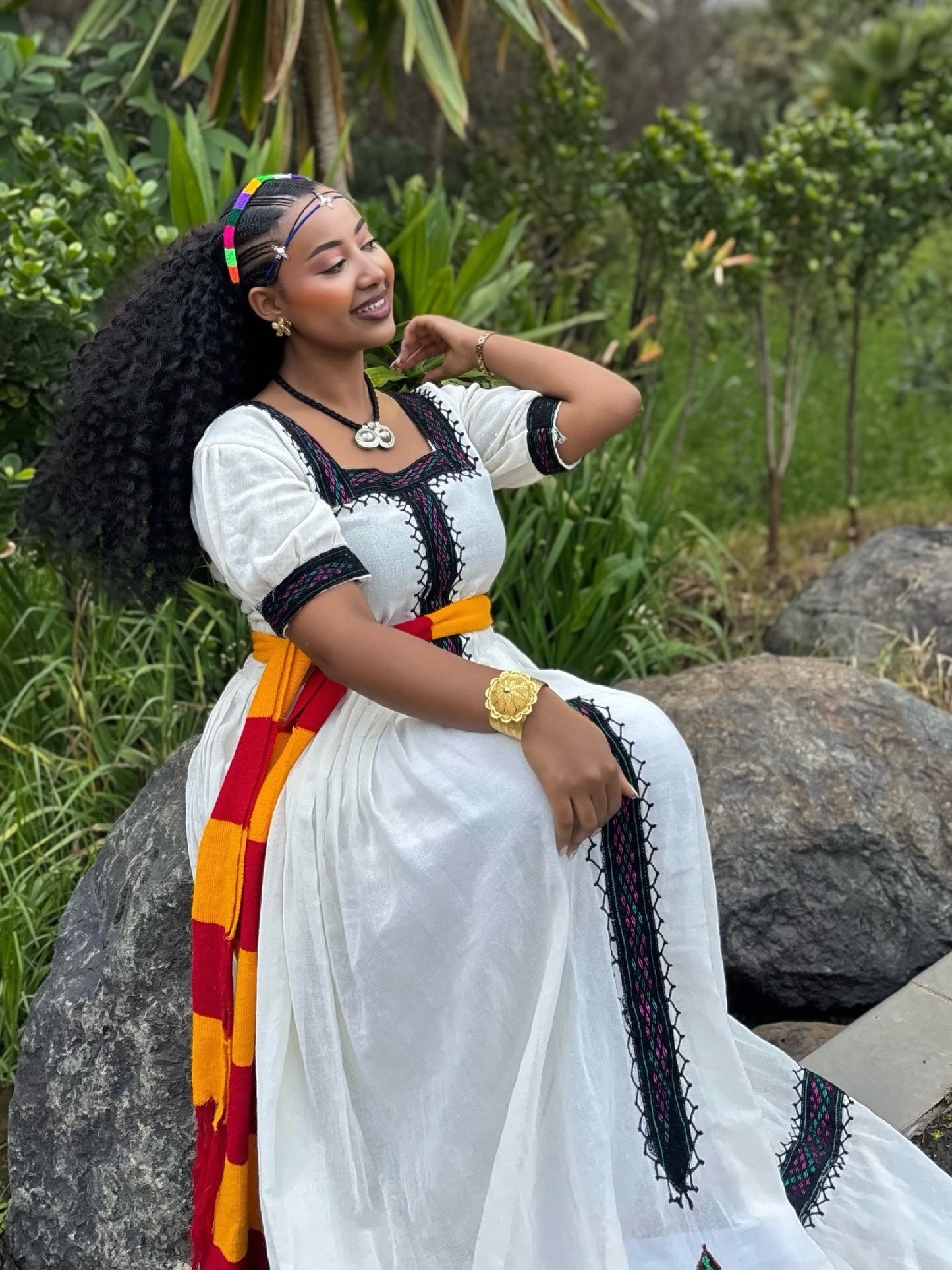 Red and Yellow Belted Ethiopian Traditional Dress Short Sleeve Habesha dress For Ashenda 1093