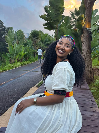 Red and Yellow Belted Ethiopian Traditional Dress Short Sleeve Habesha dress For Ashenda 1093