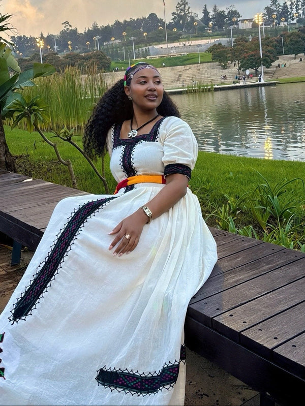 Red and Yellow Belted Ethiopian Traditional Dress Short Sleeve Habesha dress For Ashenda 1093