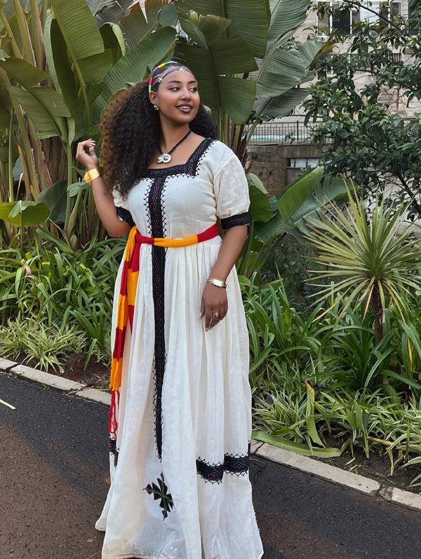 Crimson Yellow Sash habesha kemis online Handloomed ethiopian clothing