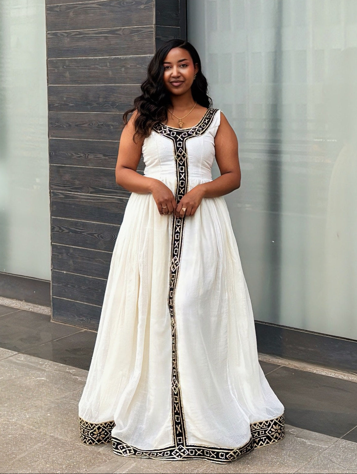 Obsidian Black Gold Geometric Border Sleeveless habesha traditional dress