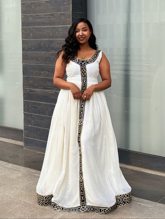 Obsidian Black Gold Geometric Border Sleeveless habesha traditional dress
