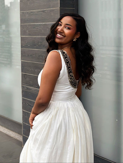 Onyx Gold Cross Motif habesha kemis online Handloomed ethiopian clothing Sleeveless Habesha Dress 1094