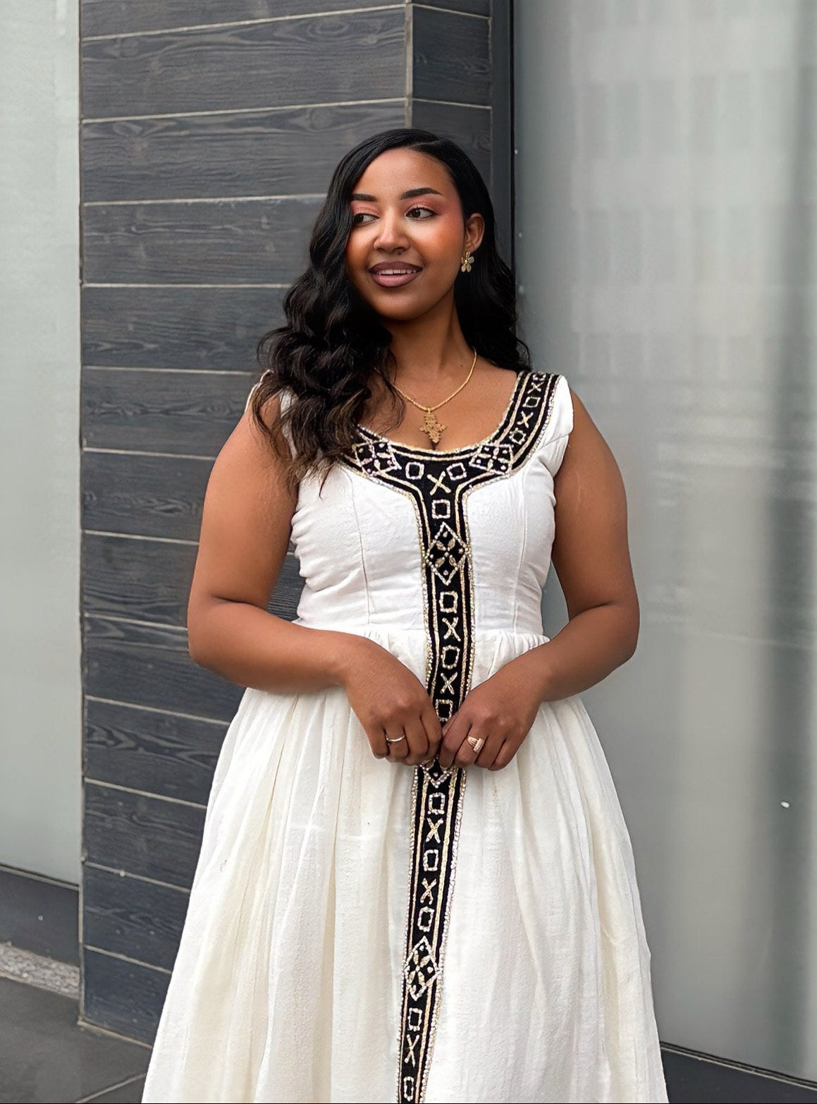Onyx Gold Cross Motif habesha kemis online Handloomed ethiopian clothing Sleeveless Habesha Dress 1094