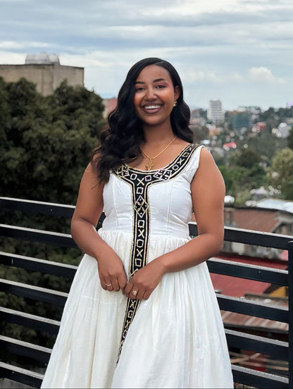 Onyx Gold Cross Motif habesha kemis online Handloomed ethiopian clothing Sleeveless Habesha Dress 1094
