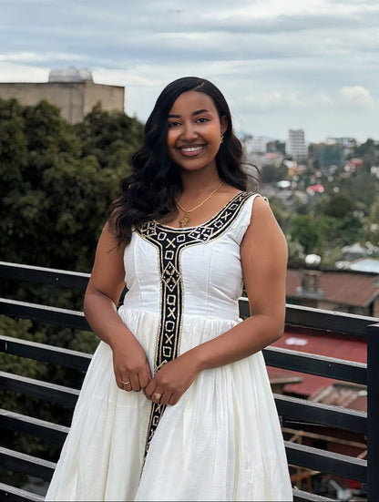 Onyx Gold Cross Motif habesha kemis online Handloomed ethiopian clothing Sleeveless Habesha Dress 1094