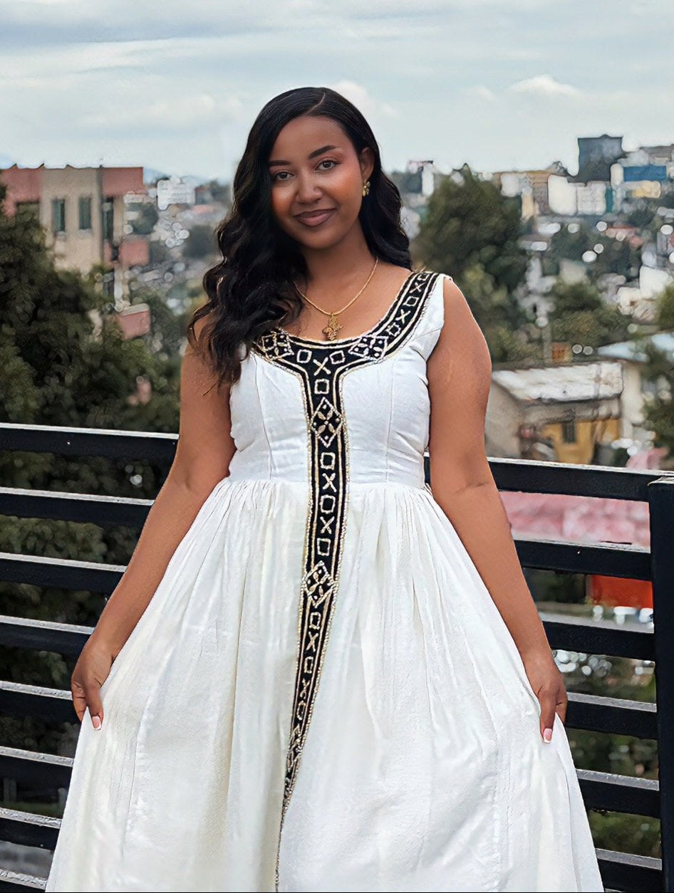 Onyx Gold Cross Motif habesha kemis online Handloomed ethiopian clothing Sleeveless Habesha Dress 1094