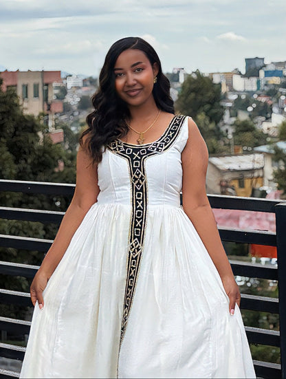 Onyx Gold Cross Motif habesha kemis online Handloomed ethiopian clothing Sleeveless Habesha Dress 1094