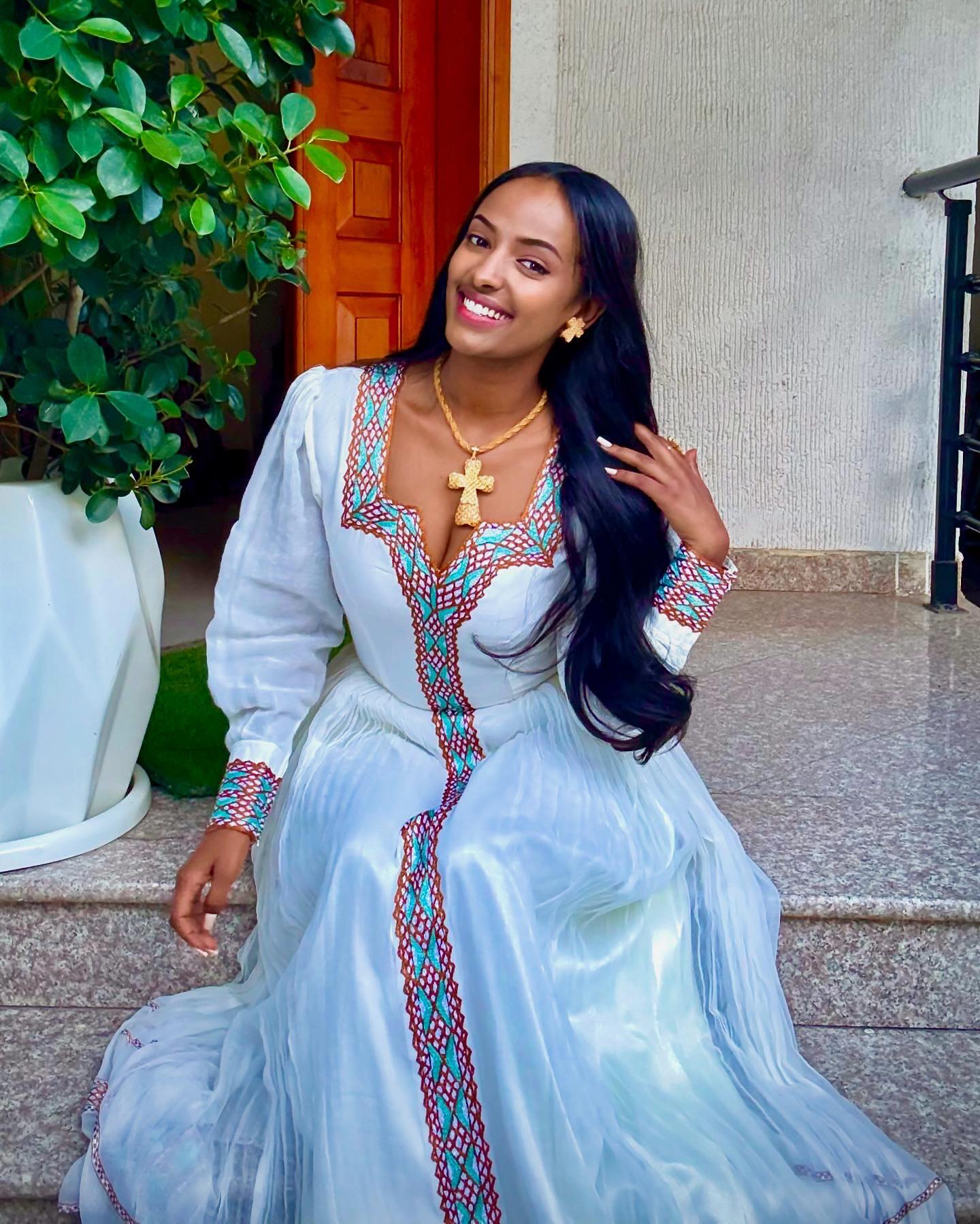 Turquoise & Bronze Lattice Sweetheart Habesha Kemis Long Sleeve Ethiopian dress Timeless Habesha Dress 1095