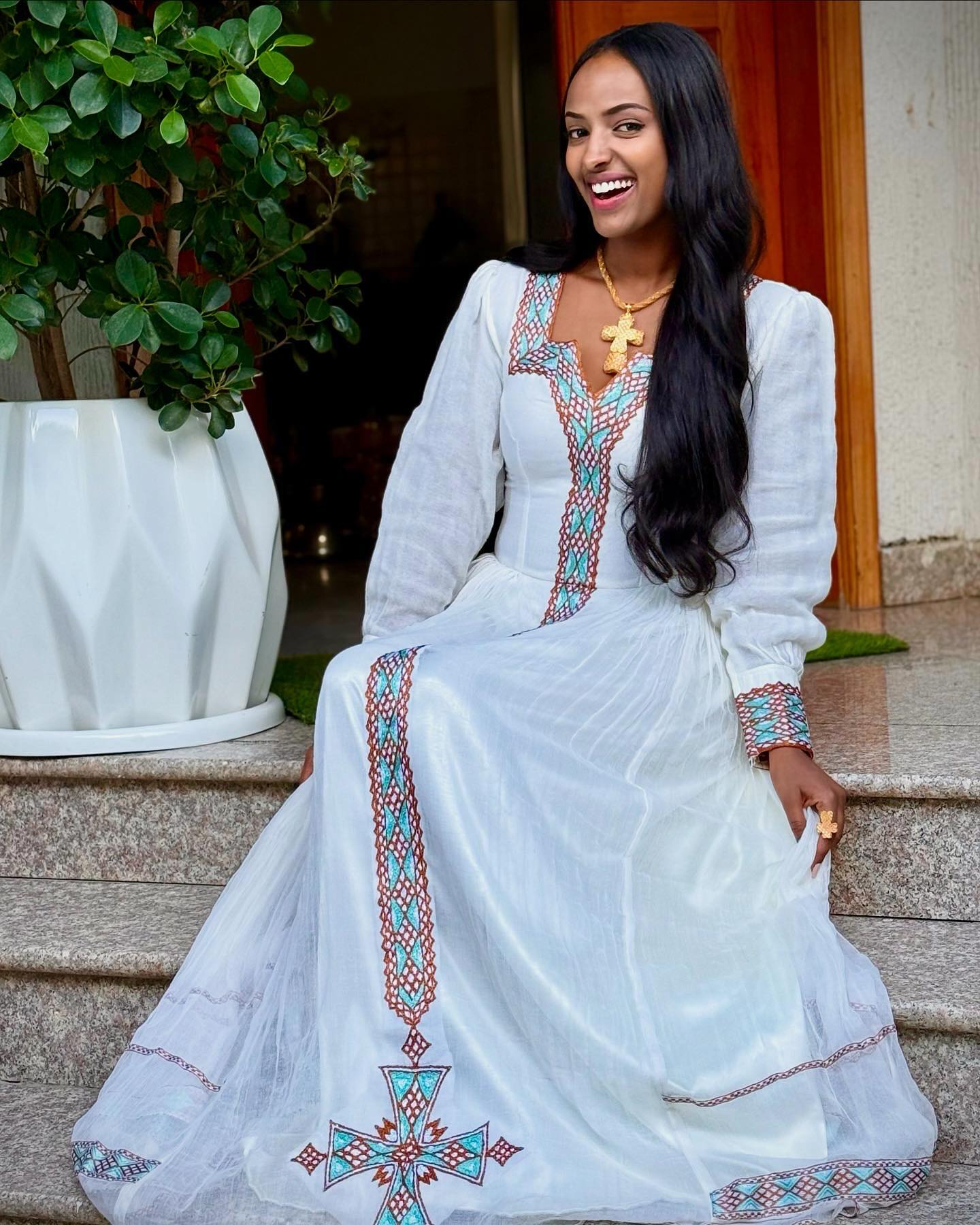 Turquoise & Bronze Lattice Sweetheart Habesha Kemis Long Sleeve Ethiopian dress Timeless Habesha Dress 1095