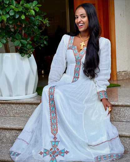 Turquoise & Bronze Lattice Sweetheart Habesha Kemis Long Sleeve Ethiopian dress Timeless Habesha Dress 1095