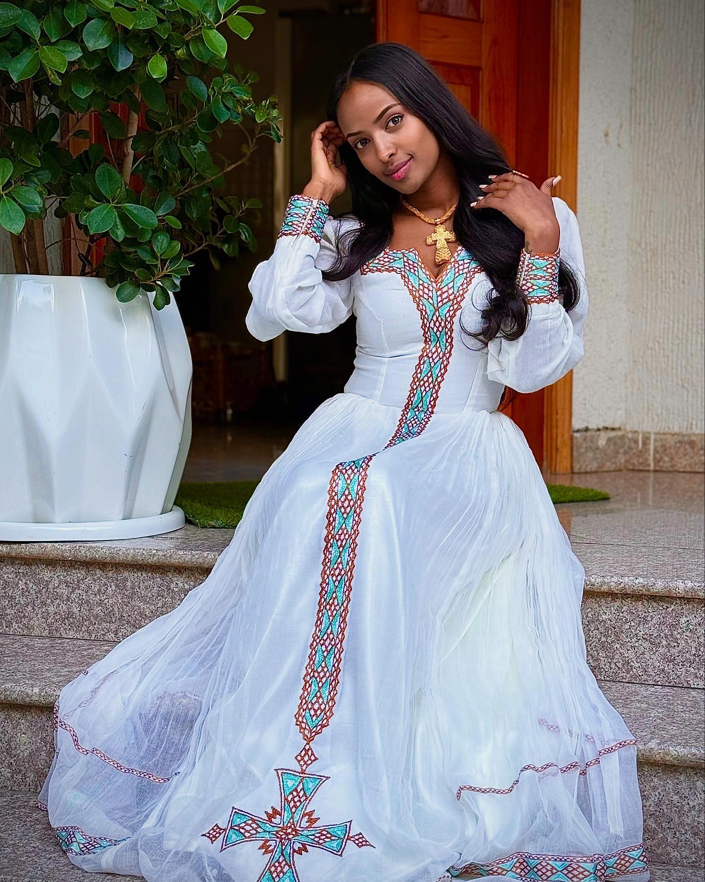 Turquoise Copper Lattice habesha kemis online Handloomed ethiopian clothing