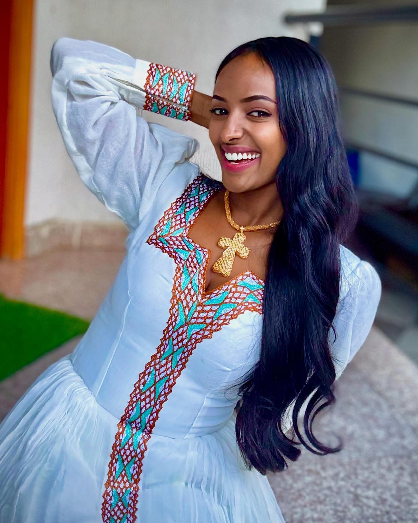 Turquoise & Bronze Lattice Sweetheart Habesha Kemis Long Sleeve Ethiopian dress Timeless Habesha Dress 1095