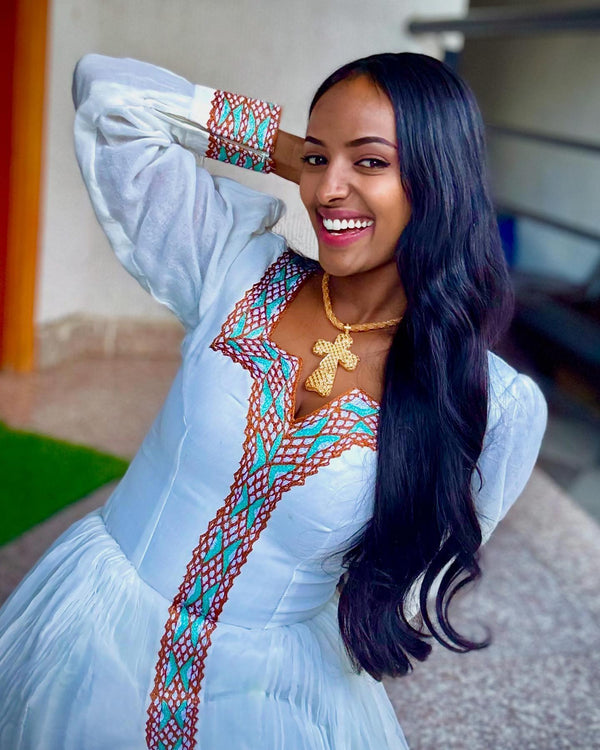 Turquoise & Bronze Lattice Sweetheart Habesha Kemis Long Sleeve Ethiopian dress Timeless Habesha Dress 1095