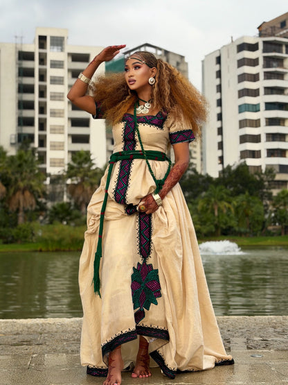 Sand Beige Purple Green Starburst Ethiopian dress Short Sleeve Habesha Kemis Ashenda Habesha Dress 1096